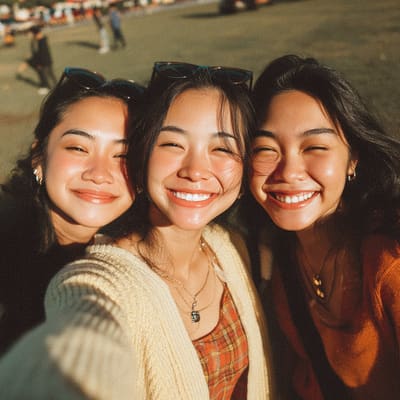 Selfie with two friends at golden hour